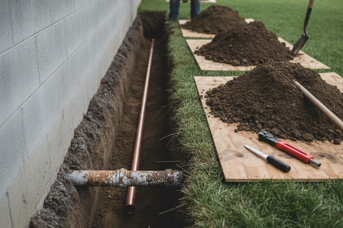 Excavated water line trench during Water Softener Installation in Watsonville